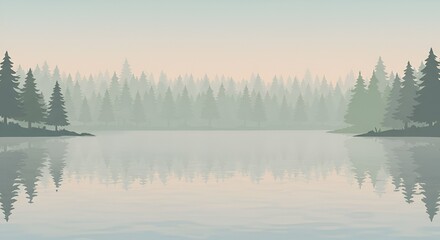 Fototapeta premium Serene and peaceful landscape with lake mirroring a misty evergreen forest scene.