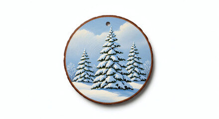 Hand Painted Round Christmas Ornament Featuring Snowy Pine Trees on White Background