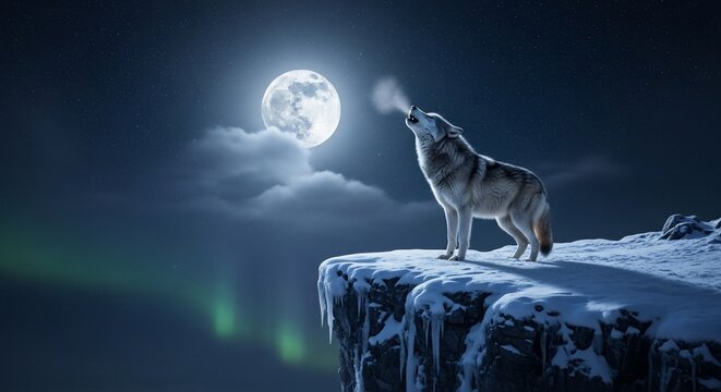Wolf Howling at the Full Moon on a Snowy Cliff. - Powered by Adobe