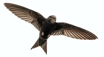 Common Swift Bird in Flight with Wings Spread Wide Isolated on White Background