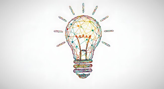 A colorful polygonal lightbulb illustration, rendered in a geometric style on a white backdrop
