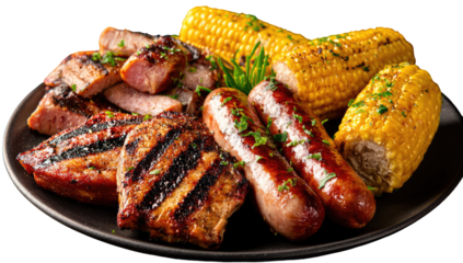 Grilled meats and corn on a dark plate (1)