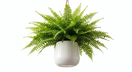 Lush Green Boston Fern Hanging Basket Isolated on White Background for Indoor Decor