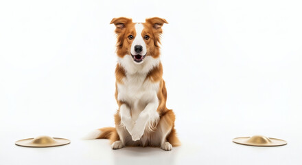 Trained Border Collie Dog Sitting Between Two Cymbals Ready for Music or Trick Performance
