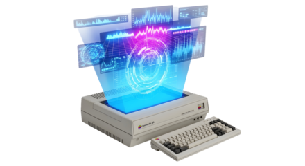 Futuristic holographic display projecting data and waveforms from a retro computer system.
