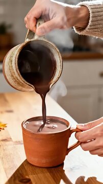 Hand pouring rich hot chocolate from a rustic pot into a clay mug, showcasing the smooth flow of liquid, steam rising, and the cozy kitchen ambiance, camera zooms in for detail