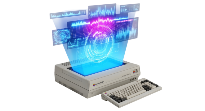 Futuristic holographic display projecting data and waveforms from a retro computer system.