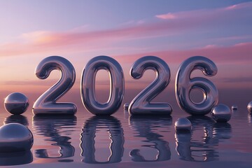 Shiny 2026 numbers float on serene water surface reflecting pastel sky, symbolizing future aspirations and new beginnings.