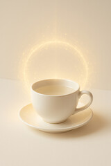 Minimalist White Teacup Surrounded by Faint Warm Aura of Glowing Artificial Intelligence Energy