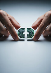 Hands Meticulously Aligning Two Halves of Sleek Minimalist Digital Data Token Encryption Key