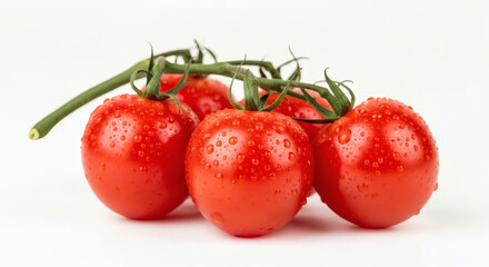 Fresh Red Cherry Tomatoes on the Vine with Water Droplets Isolated on White Background
