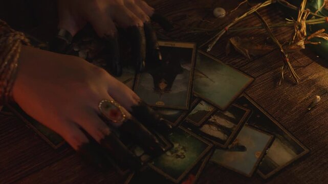 Hand with a ring selecting a tarot card from an arrangement of mystical cards spread on a dark wooden surface, representing divination, fortune telling, and spiritual guidance