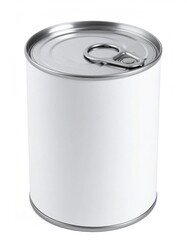 White tin food can with blank label and pull tab lid for packaging mockup. Isolated on white background