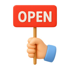 3D open sign icon, hand holding red board, isolated on transparent background