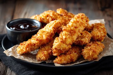 Golden fried chicken strips served on a dark plate, accompanied by a paper napkin and delicious dipping sauce, create an inviting and appetizing scene against a rustic wooden backdrop.