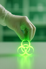 Hand Wearing Transparent Glove Gently Picking Small Glowing Green BioHazard Symbol