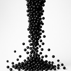 of Stream of Perfectly Spherical Tiny Black Beads Poured Frozen in MidAir Motion