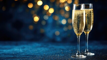 Two champagne flutes filled with bubbly liquid stand on a dark surface.