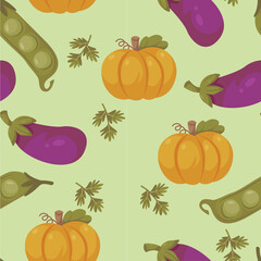 Pixel Art Vegetable Pattern Featuring Pumpkins Eggplants and Peas on a Light Green Background