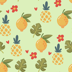 Seamless Pixel Art Pattern Featuring Yellow Lemons Pineapples and Red Flowers on a Light Green Background
