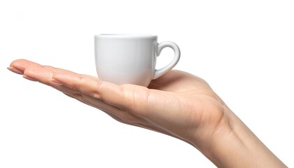 Woman's manicured hand holding a small white coffee cup or espresso mug. Isolated on white background