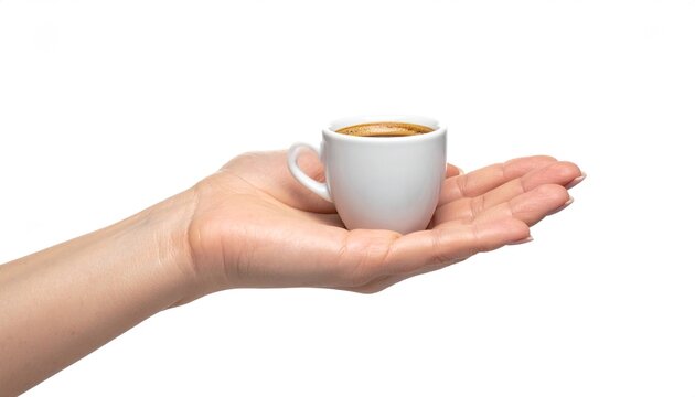 Woman's manicured hand holding a small white coffee cup or espresso mug. Isolated on white background - Powered by Adobe