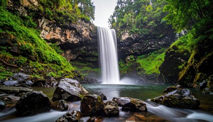 Obraz premium A Lush Green Waterfall Cascades Down a Rocky Cliff Face Surrounded by Dense Forest Foliage with Smooth Water Motion in the Foreground
