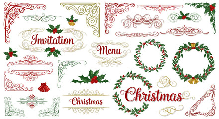 Vector art of collection of vintage christmas ornaments, borders, and decorative elements