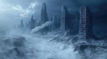 Desolate cityscape, shrouded in mist and snow, shows towering skyscrapers crumbling and worn, with only the hint of life amidst the ruins. Global devastation from nuclear war.