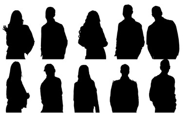 set of silhouettes of divers people in warm winter clothes