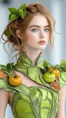 The woman model struts in a chic tomato skin ensemble with green leaves on shoulders and collar. Fashion and style defining the glamorous runway.