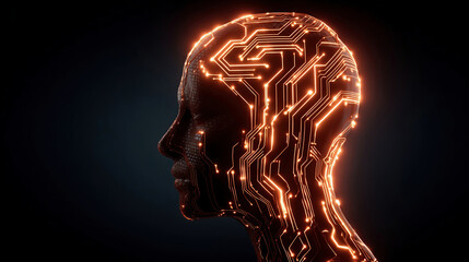 A human head silhouette contains bright neon circuits with connecting lines, representing the concept