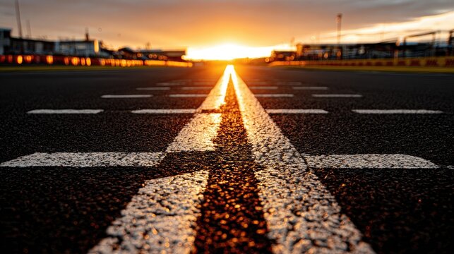Sun sets over the asphalt racing track with white painted lines. - Powered by Adobe