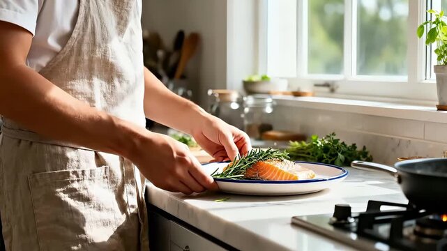Culinary artist garnishing a beautifully plated salmon dish with fresh herbs in a bright kitchen, showcasing meticulous attention to detail, camera follows the action closely
