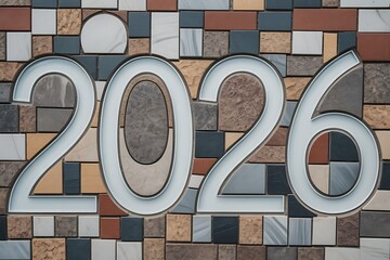 Gleaming 2026 numbers emerge from a textured mosaic wall, symbolizing future plans and new beginnings.