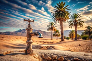 A weathered faucet stands solitary in a desert landscape,  palm trees silhouetted against a vibrant sunset, signifying resilience and the preciousness of water in arid environments.