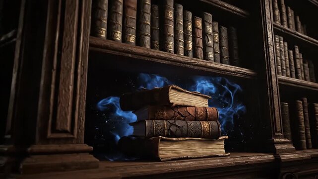 Magical old library with ancient books and mystic blue glow. Fantasy knowledge and wizard study concept footage.
