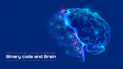 Binary code and glow brain on blue background. Futuristic technology concept deep learning of artificial intelligence.