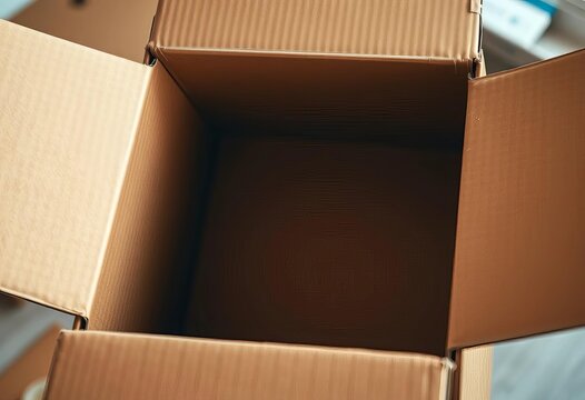 Close-up of a cardboard box being opened, revealing empty space inside,  reveal,  blank