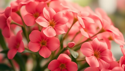 A close-up view of a cluster of vibrant pink Kalanchoe flowers with yellow centers, showcasing their delicate petals and intricate details.