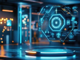 Holographic interface showing data analysis and processing in a server room