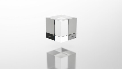 Obraz premium Clean 3D render of a transparent glass cube floating above a reflective surface, perfect for design or graphic resources.