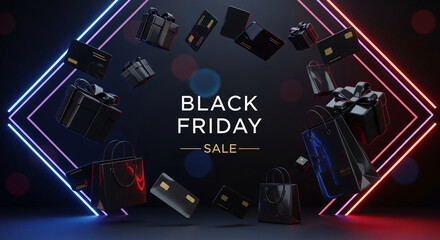 Creative Black Friday sale background with floating shopping elements, neon lights, and luxury atmosphere.
