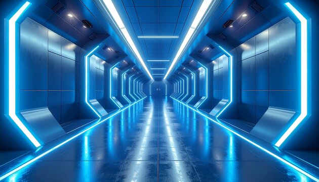 A futuristic blue corridor with glowing lights and reflections, creating a sense of depth and modernity