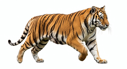 Naklejka premium Majestic Bengal Tiger Walking Profile Isolated on White Background Wildlife Cutout