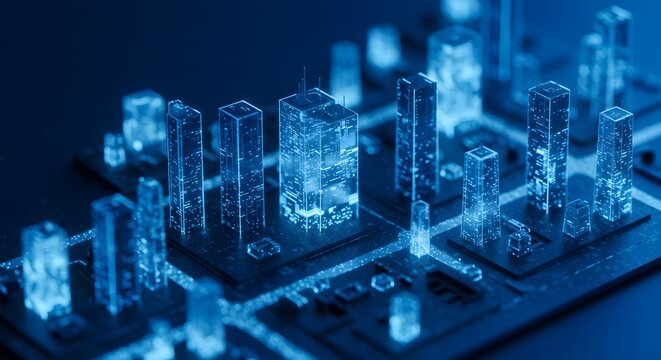 A miniature, glowing cityscape rendered in blue light, atop a complex electronic circuit board