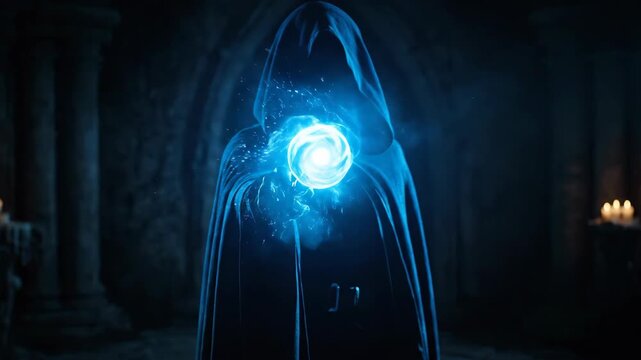 Sorcerer in dark hooded robe casting magic spell with glowing wand and energy orb, fantasy concept, footage