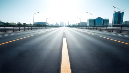 A long asphalt road stretches towards a city skyline, framed by trees and modern buildings.