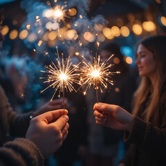 Sparkling sparklers in the hands. Playing firework to celebrate winter holidays with friends at the party. Magic New Year, Christmas.