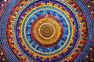 Vibrant Circular Mosaic Tile Pattern Featuring a Multitude of Jewel-Toned Colors Arranged in Concentric Rings